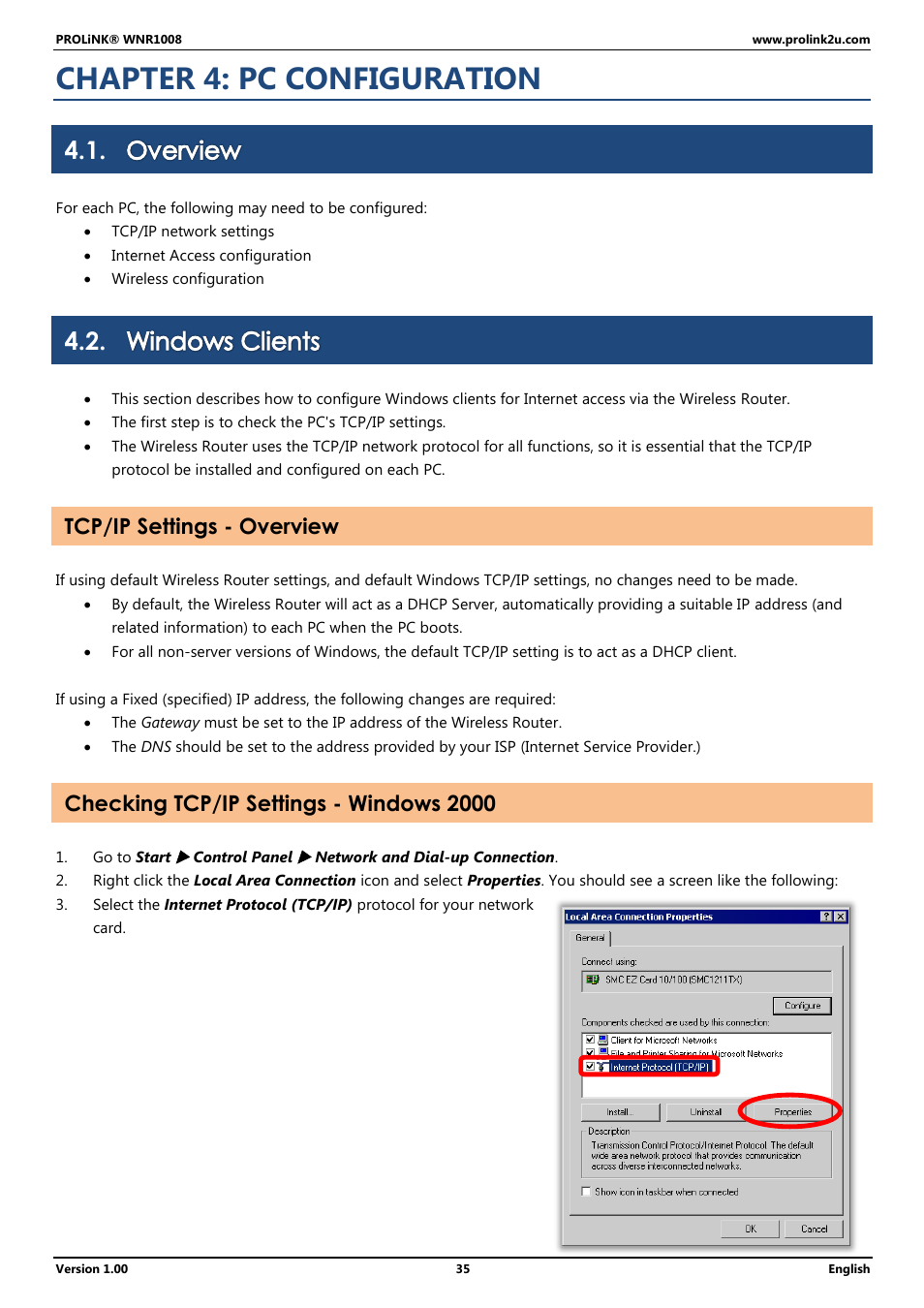 Chapter 4: pc configuration, Overview, Windows clients | Tcp/ip settings - overview, Checking tcp/ip settings - windows 2000 | PROLiNK WNR1008 User Manual User Manual | Page 38 / 101