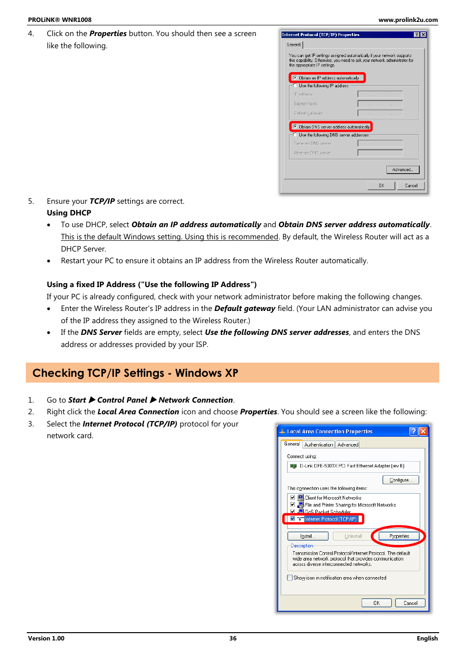 Checking tcp/ip settings - windows xp | PROLiNK WNR1008 User Manual User Manual | Page 39 / 101