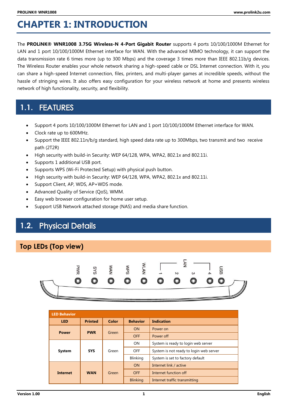 Chapter 1: introduction, Features, Physical details | Top leds (top view) | PROLiNK WNR1008 User Manual User Manual | Page 4 / 101