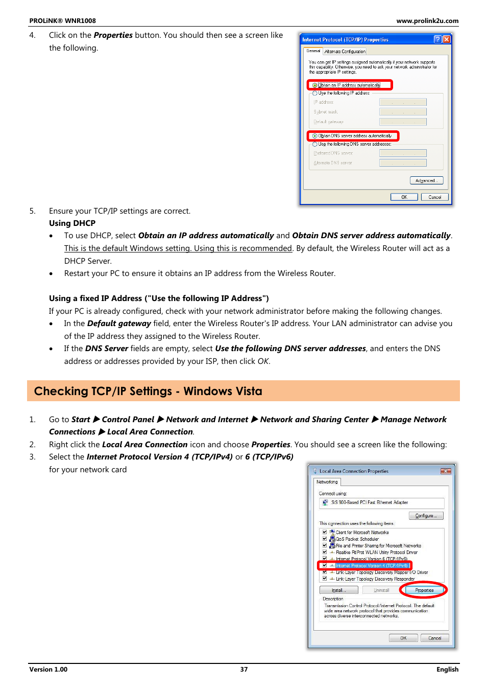 Checking tcp/ip settings - windows vista | PROLiNK WNR1008 User Manual User Manual | Page 40 / 101
