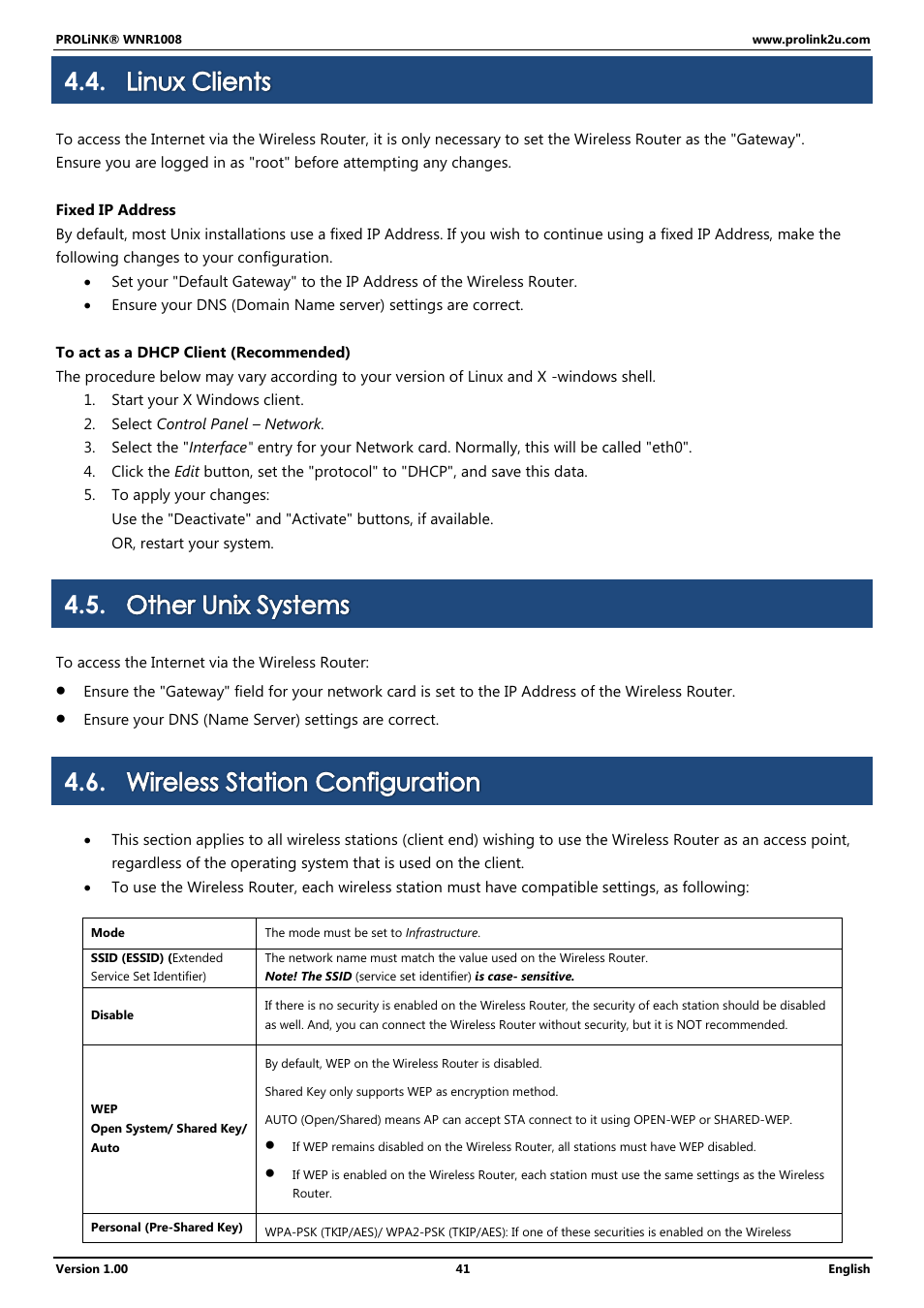 Linux clients, Other unix systems, Wireless station configuration | PROLiNK WNR1008 User Manual User Manual | Page 44 / 101