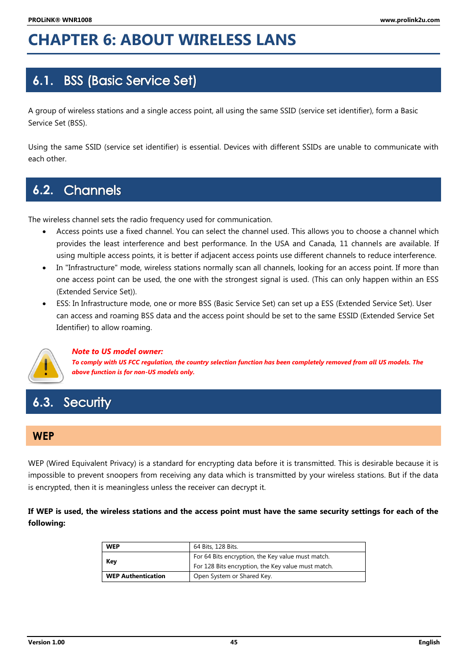 Chapter 6: about wireless lans, Bss (basic service set), Channels | Security | PROLiNK WNR1008 User Manual User Manual | Page 48 / 101