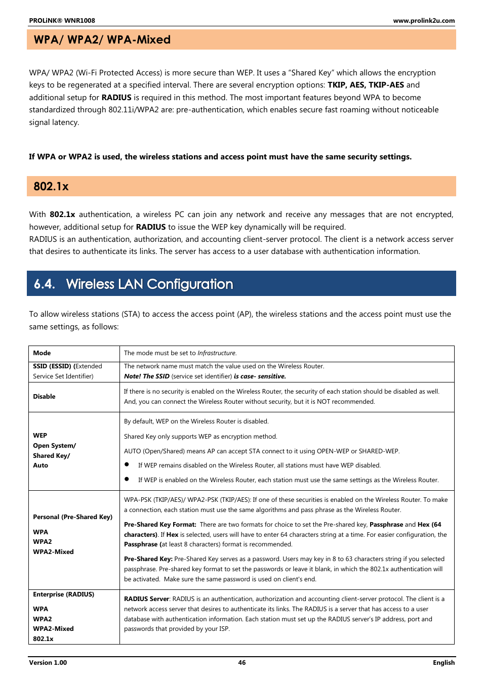 Wireless lan configuration, Wpa/ wpa2/ wpa-mixed | PROLiNK WNR1008 User Manual User Manual | Page 49 / 101