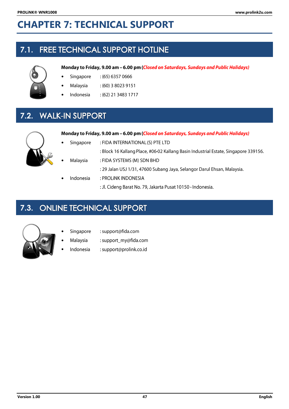 Chapter 7: technical support, Free technical support hotline, Walk-in support | Online technical support | PROLiNK WNR1008 User Manual User Manual | Page 50 / 101