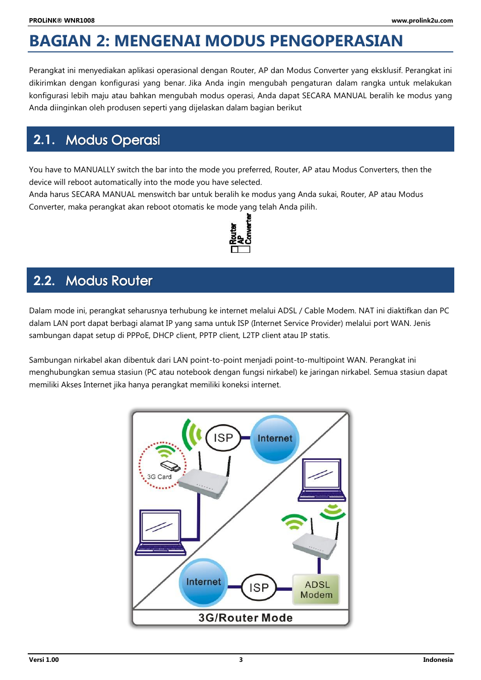 Bagian 2: mengenai modus pengoperasian, Modus operasi, Modus router | PROLiNK WNR1008 User Manual User Manual | Page 57 / 101