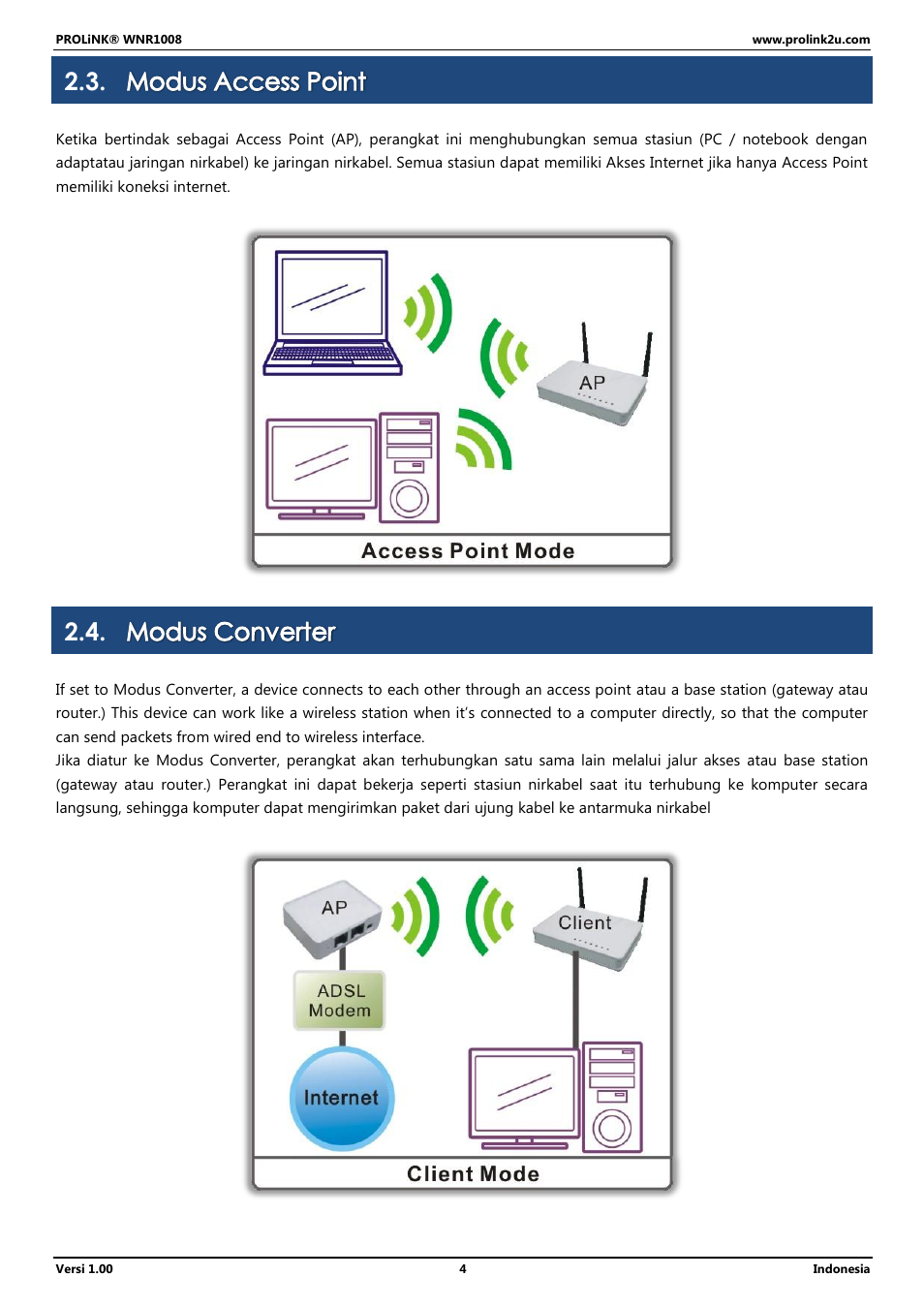 Modus access point, Modus converter | PROLiNK WNR1008 User Manual User Manual | Page 58 / 101