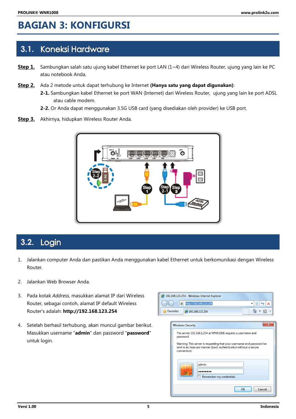 Bagian 3: konfigursi, Koneksi hardware, Login | PROLiNK WNR1008 User Manual User Manual | Page 59 / 101