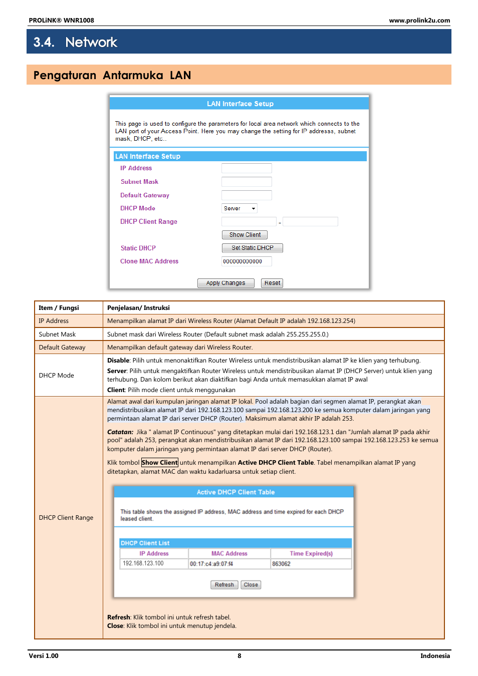 Network, Pengaturan antarmuka lan | PROLiNK WNR1008 User Manual User Manual | Page 62 / 101