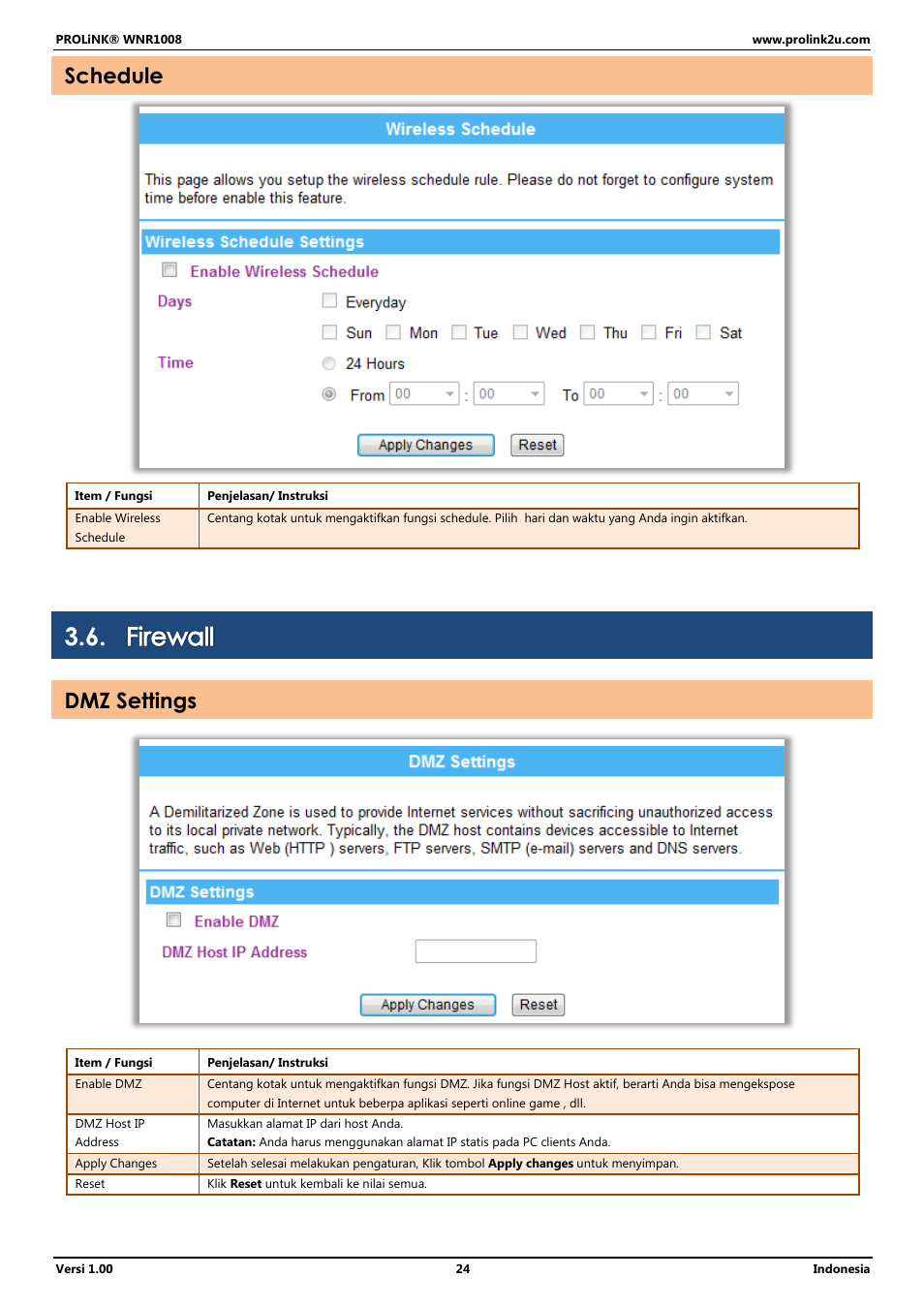 Firewall, Schedule, Dmz settings | PROLiNK WNR1008 User Manual User Manual | Page 78 / 101