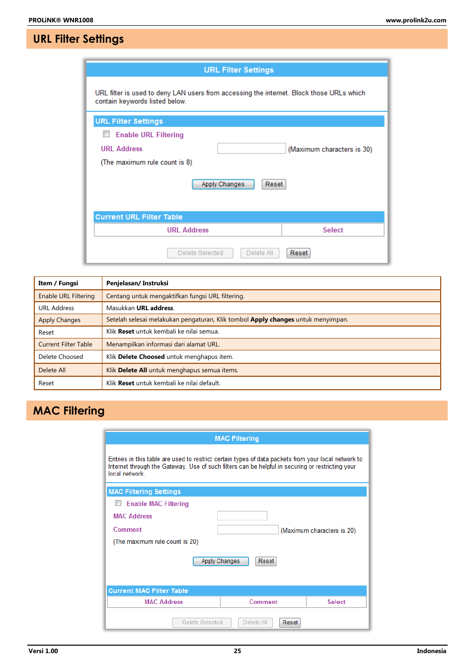 Url filter settings, Mac filtering | PROLiNK WNR1008 User Manual User Manual | Page 79 / 101