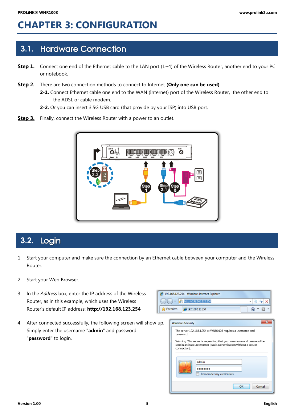 Chapter 3: configuration, Hardware connection, Login | PROLiNK WNR1008 User Manual User Manual | Page 8 / 101