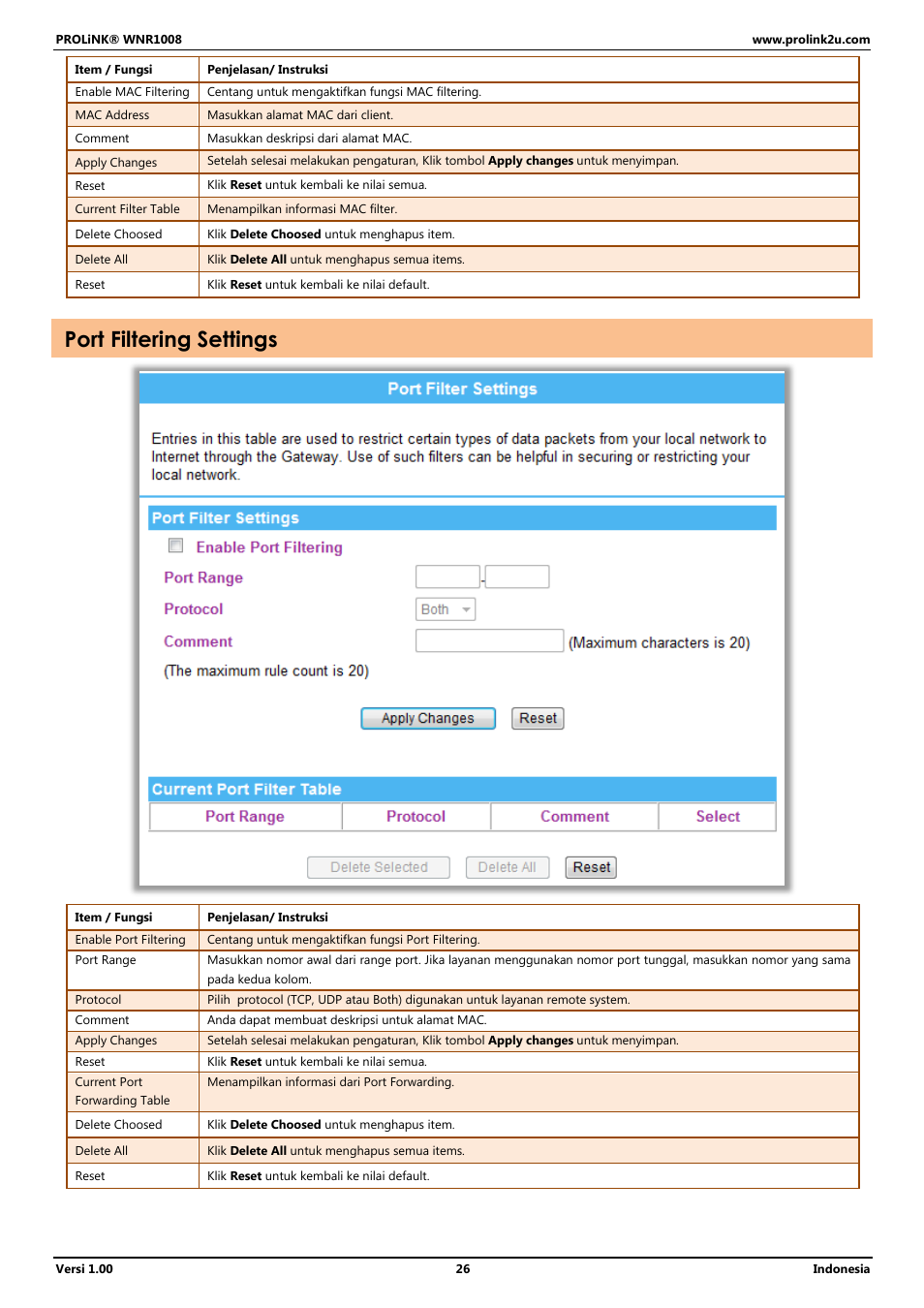 Port filtering settings | PROLiNK WNR1008 User Manual User Manual | Page 80 / 101