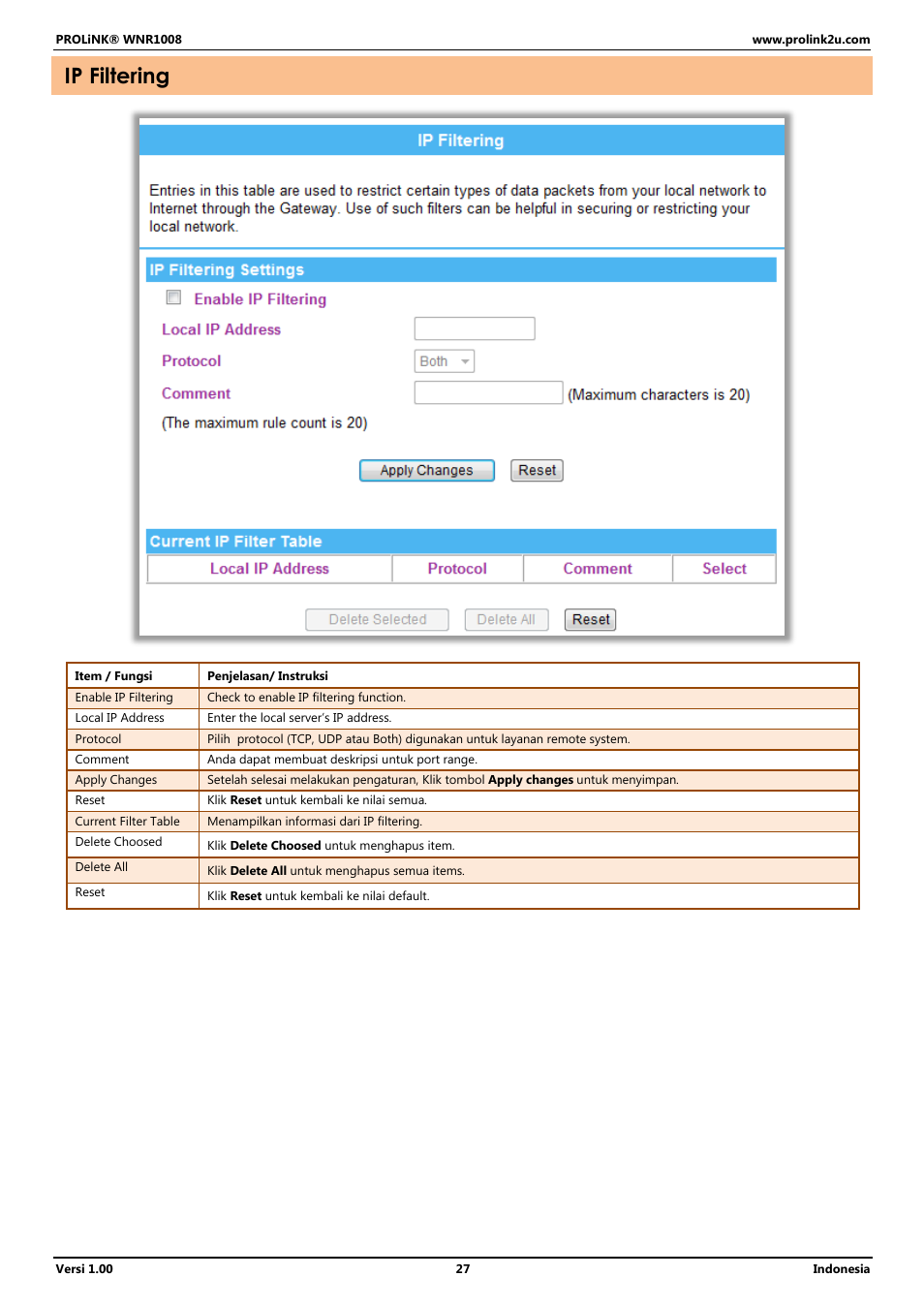 Ip filtering | PROLiNK WNR1008 User Manual User Manual | Page 81 / 101