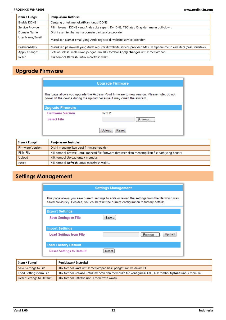 Upgrade firmware, Settings management | PROLiNK WNR1008 User Manual User Manual | Page 86 / 101