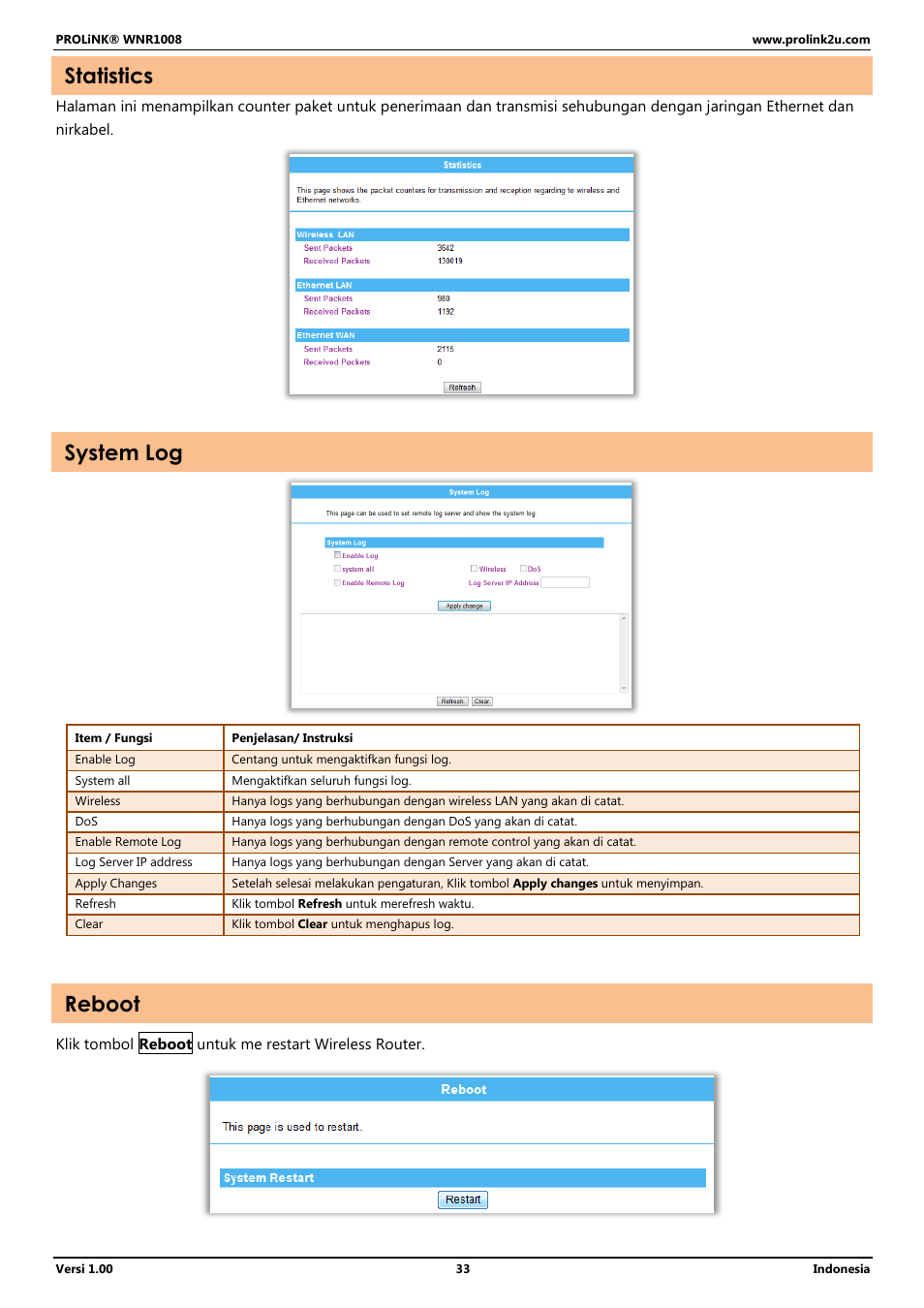 Statistics, System log, Reboot | PROLiNK WNR1008 User Manual User Manual | Page 87 / 101