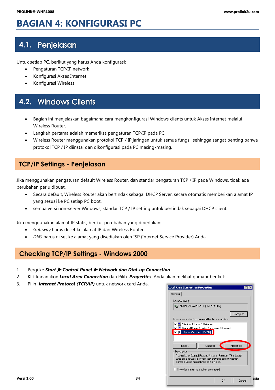 Bagian 4: konfigurasi pc, Penjelasan, Windows clients | Tcp/ip settings - penjelasan, Checking tcp/ip settings - windows 2000 | PROLiNK WNR1008 User Manual User Manual | Page 88 / 101