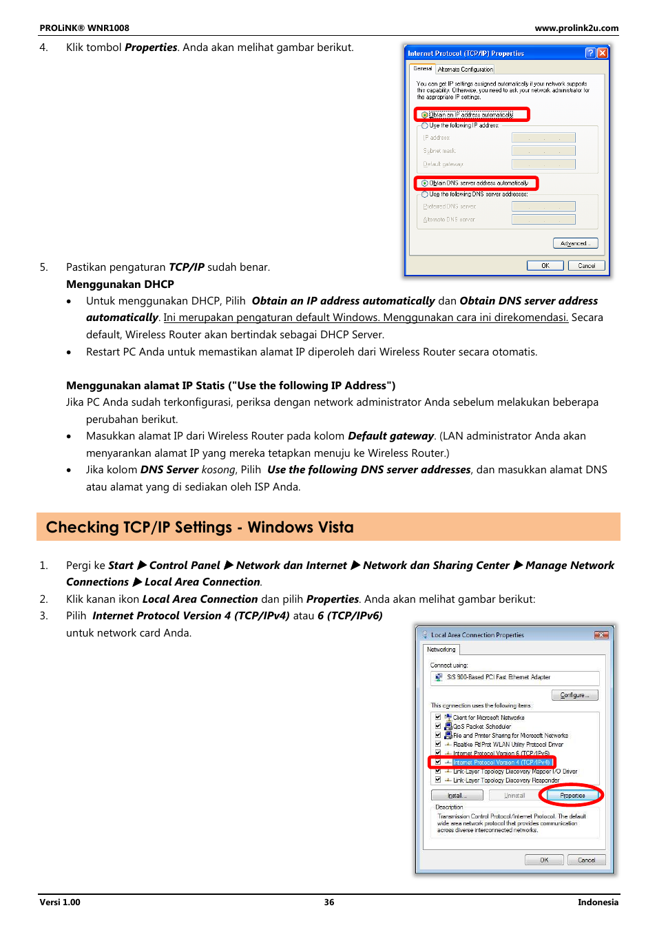 Checking tcp/ip settings - windows vista | PROLiNK WNR1008 User Manual User Manual | Page 90 / 101