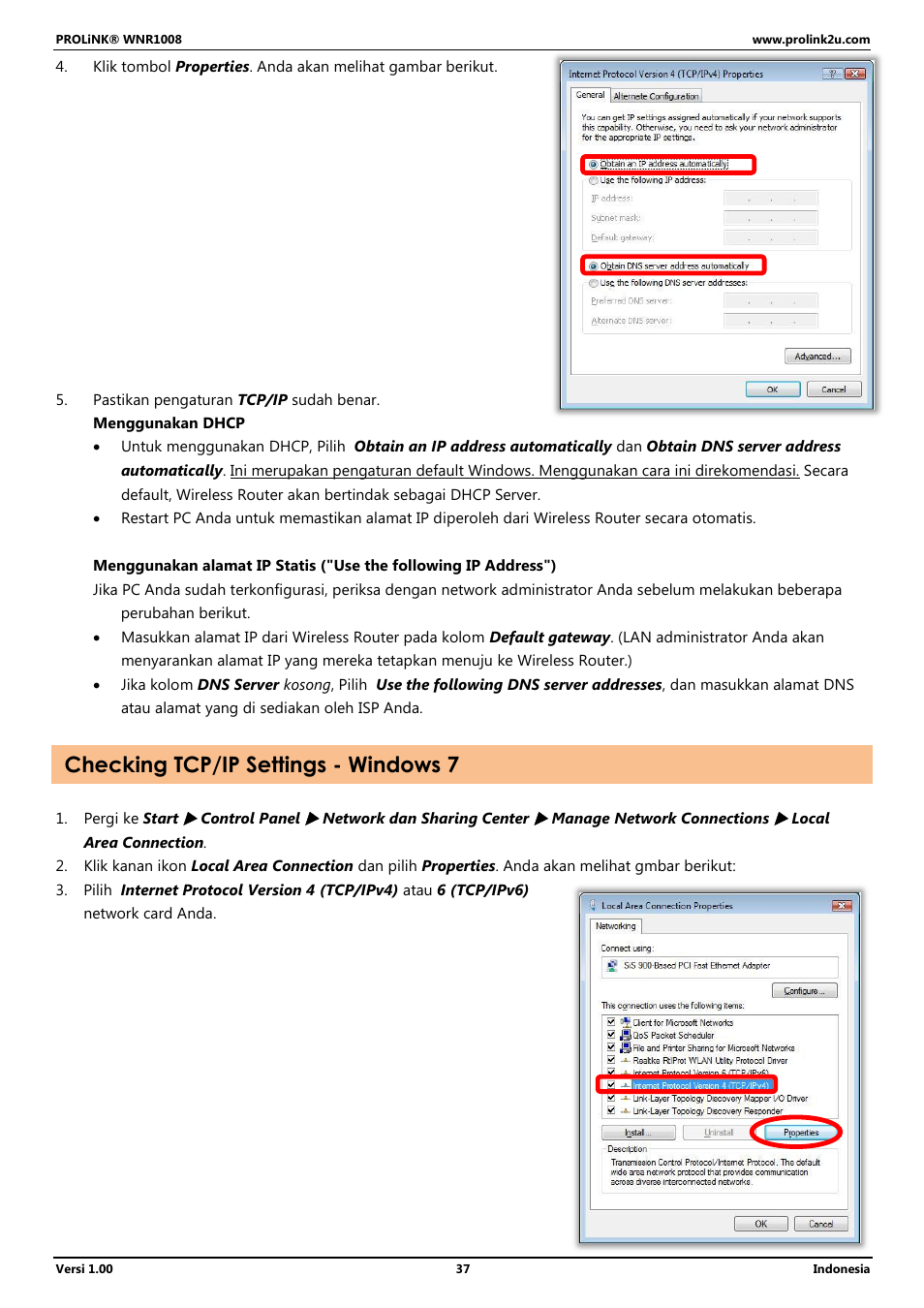Checking tcp/ip settings - windows 7 | PROLiNK WNR1008 User Manual User Manual | Page 91 / 101