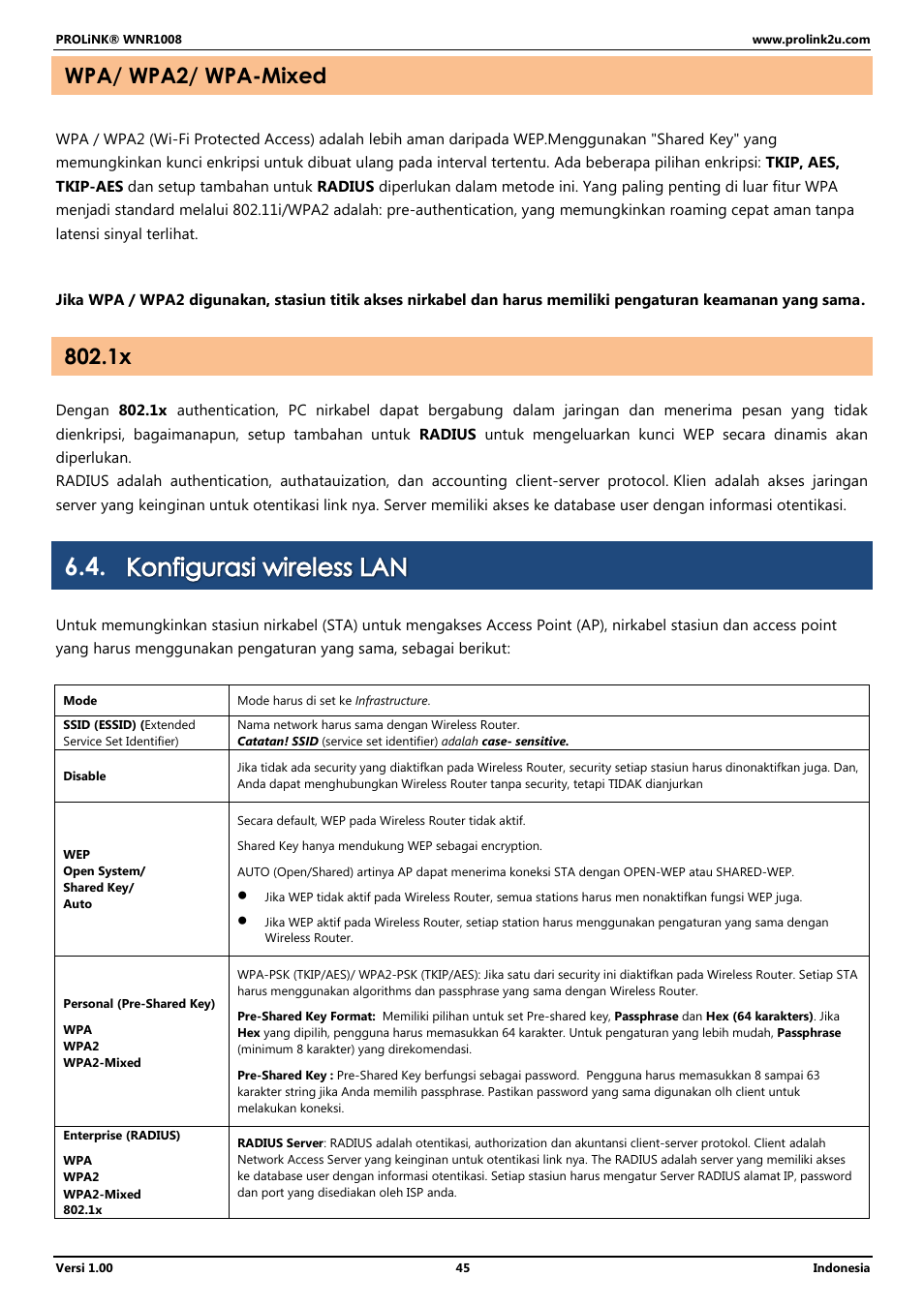 Konfigurasi wireless lan, Wpa/ wpa2/ wpa-mixed | PROLiNK WNR1008 User Manual User Manual | Page 99 / 101