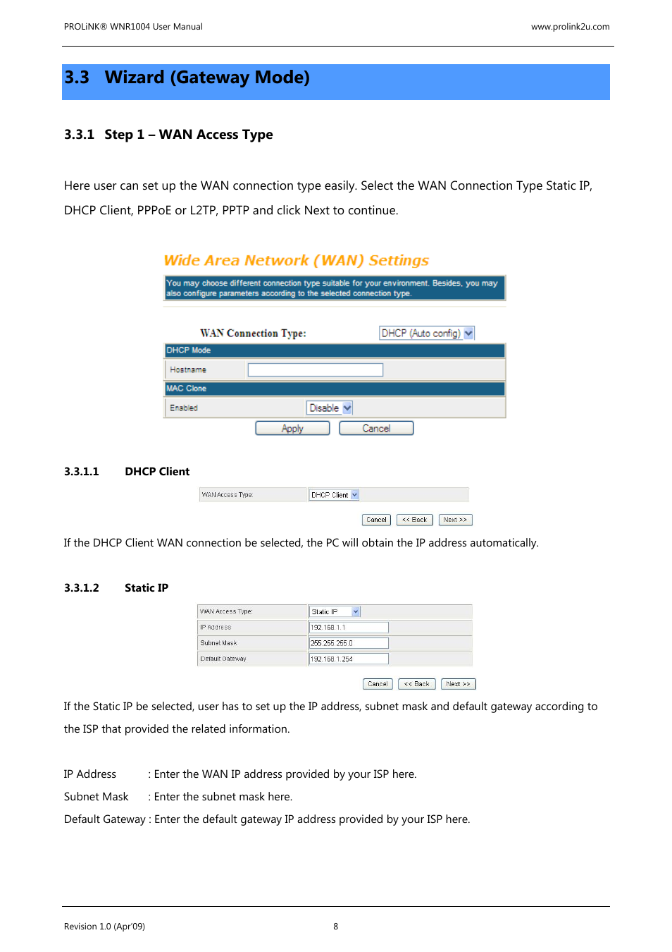 3 wizard (gateway mode) | PROLiNK WNR1004 Wireless-N User manual User Manual | Page 11 / 66