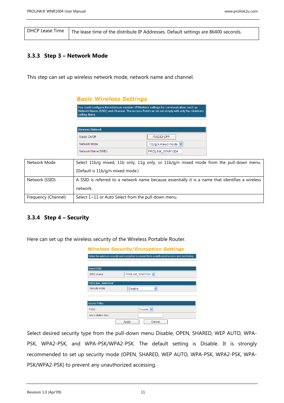 3 step 3 – network mode, 4 step 4 – security | PROLiNK WNR1004 Wireless-N User manual User Manual | Page 14 / 66