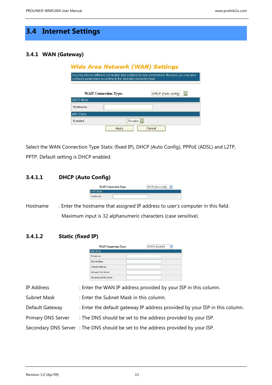 4 internet settings | PROLiNK WNR1004 Wireless-N User manual User Manual | Page 16 / 66