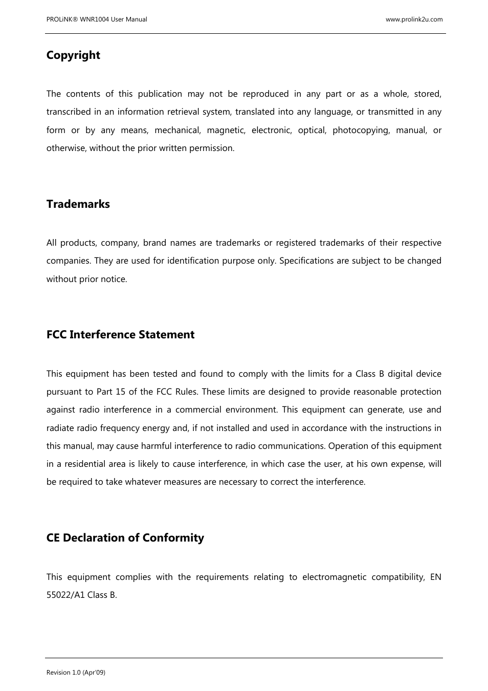 Copyright, Trademarks, Fcc interference statement | Ce declaration of conformity | PROLiNK WNR1004 Wireless-N User manual User Manual | Page 2 / 66