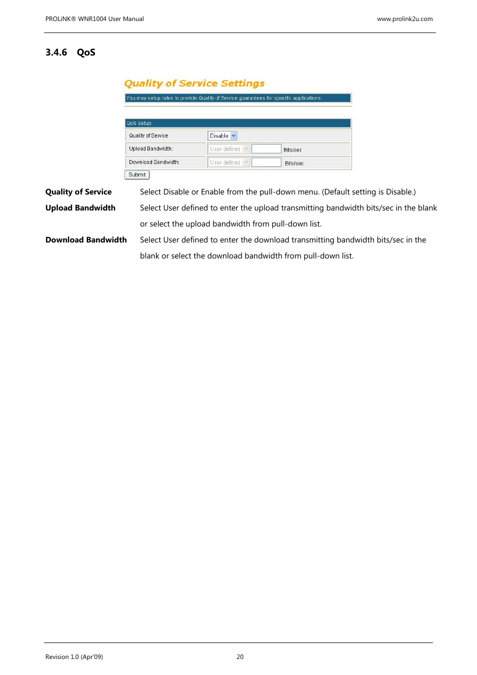 6 qos | PROLiNK WNR1004 Wireless-N User manual User Manual | Page 23 / 66