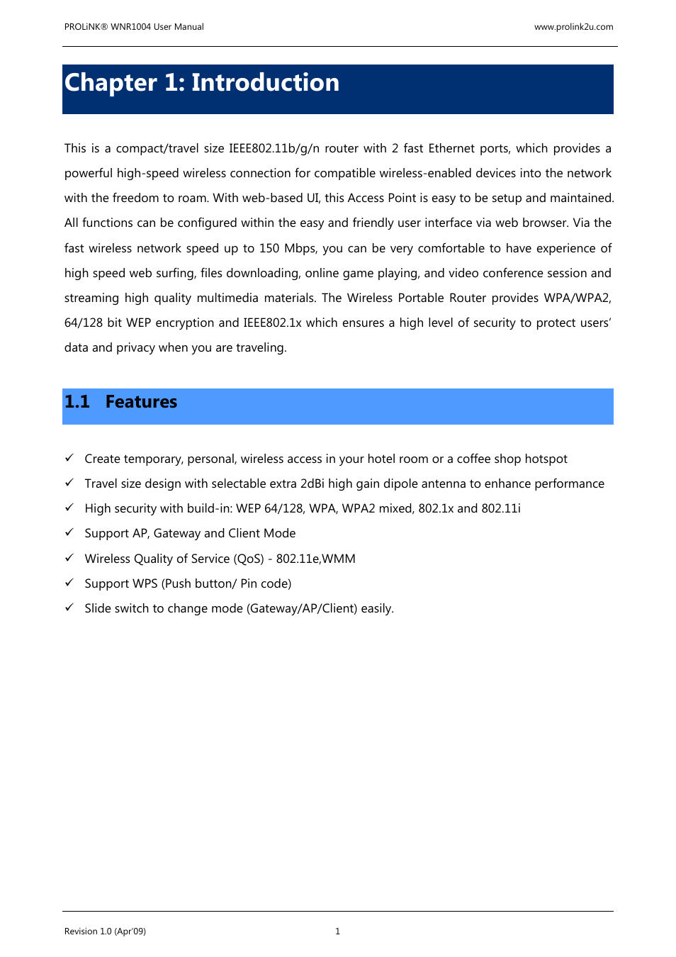 Chapter 1: introduction, 1 features | PROLiNK WNR1004 Wireless-N User manual User Manual | Page 4 / 66