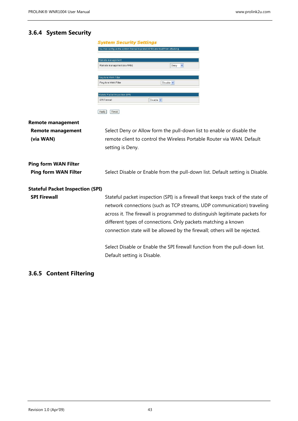 4 system security, 5 content filtering | PROLiNK WNR1004 Wireless-N User manual User Manual | Page 46 / 66