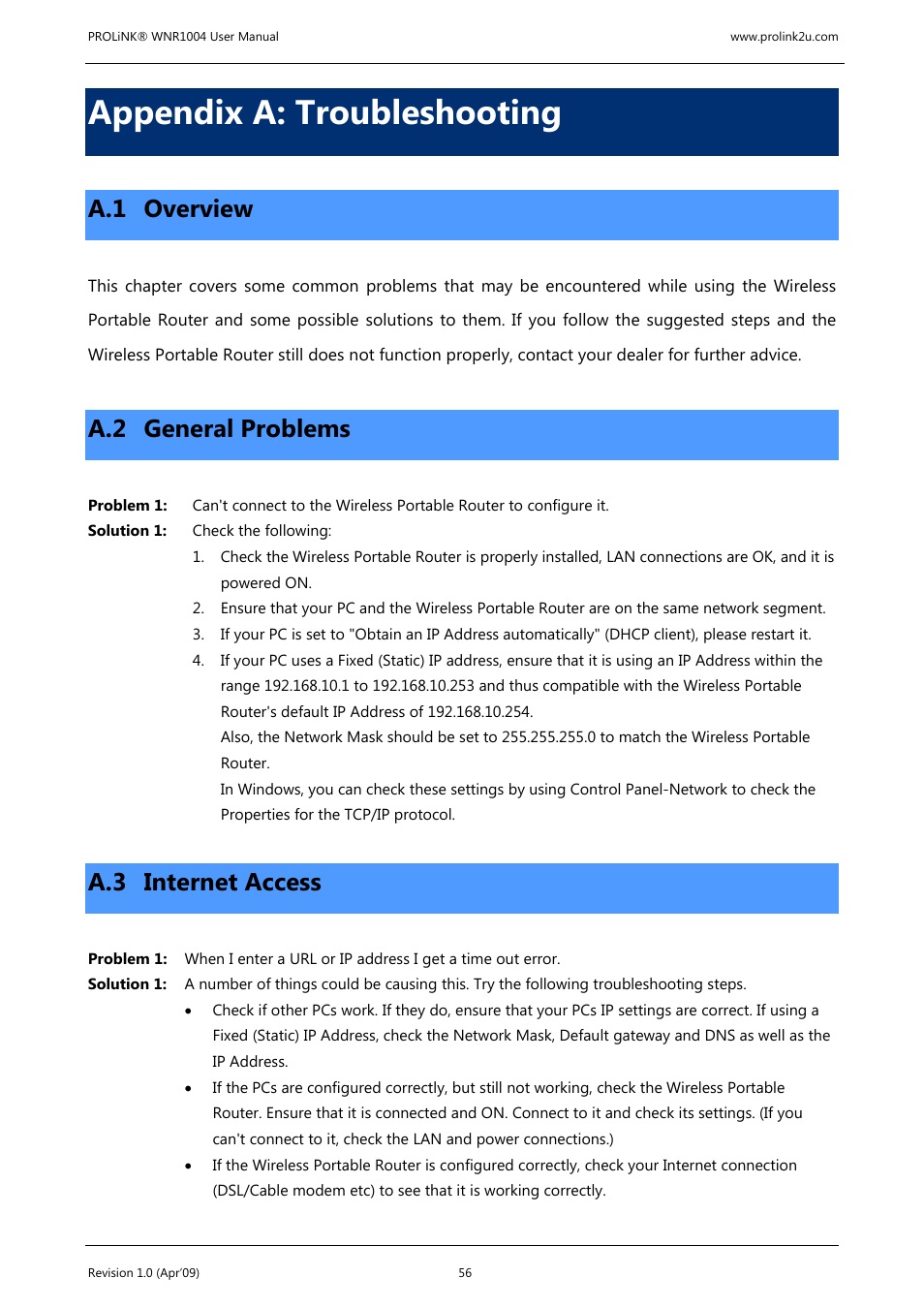 Appendix a: troubleshooting, A.1 overview, A.2 general problems | A.3 internet access | PROLiNK WNR1004 Wireless-N User manual User Manual | Page 59 / 66