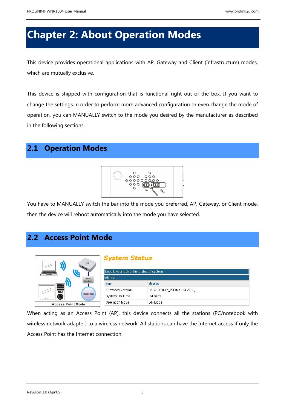 Chapter 2: about operation modes, 1 operation modes, 2 access point mode | PROLiNK WNR1004 Wireless-N User manual User Manual | Page 6 / 66