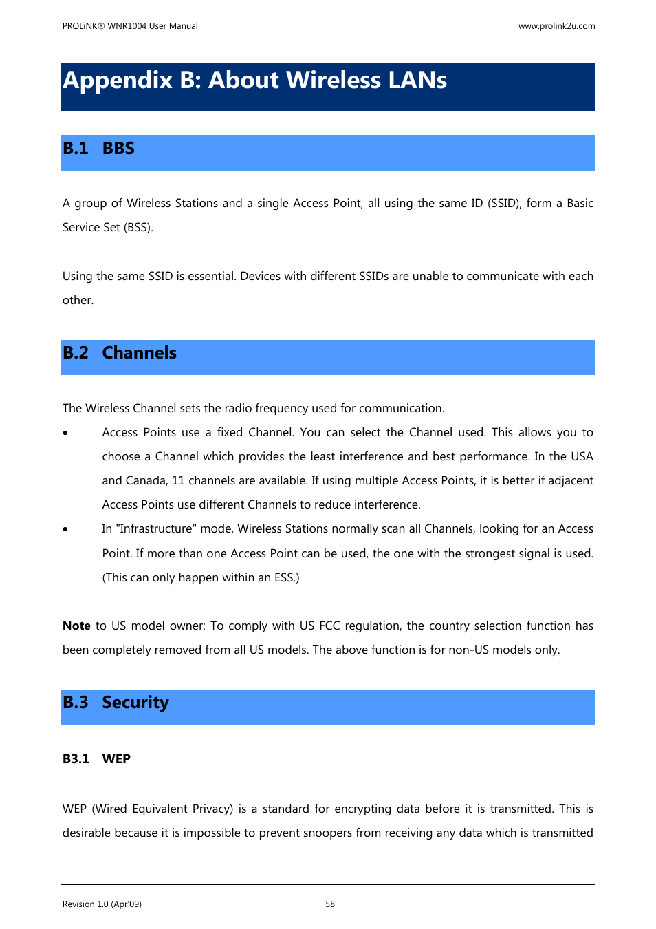 Appendix b: about wireless lans, B.1 bbs, B.2 channels | B.3 security | PROLiNK WNR1004 Wireless-N User manual User Manual | Page 61 / 66