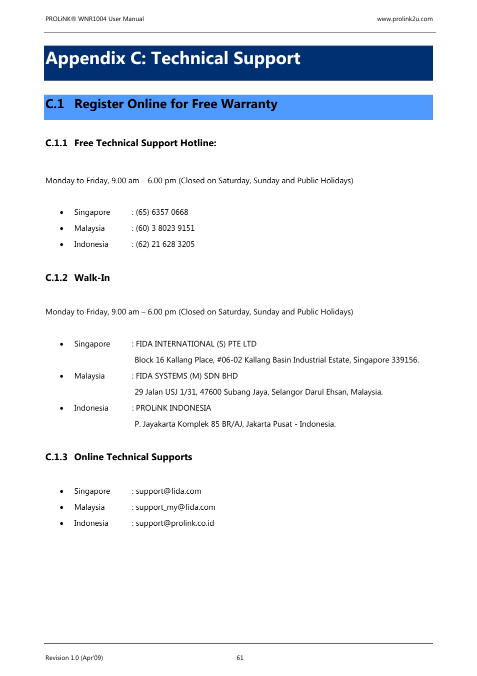 Appendix c: technical support, C.1 register online for free warranty | PROLiNK WNR1004 Wireless-N User manual User Manual | Page 64 / 66