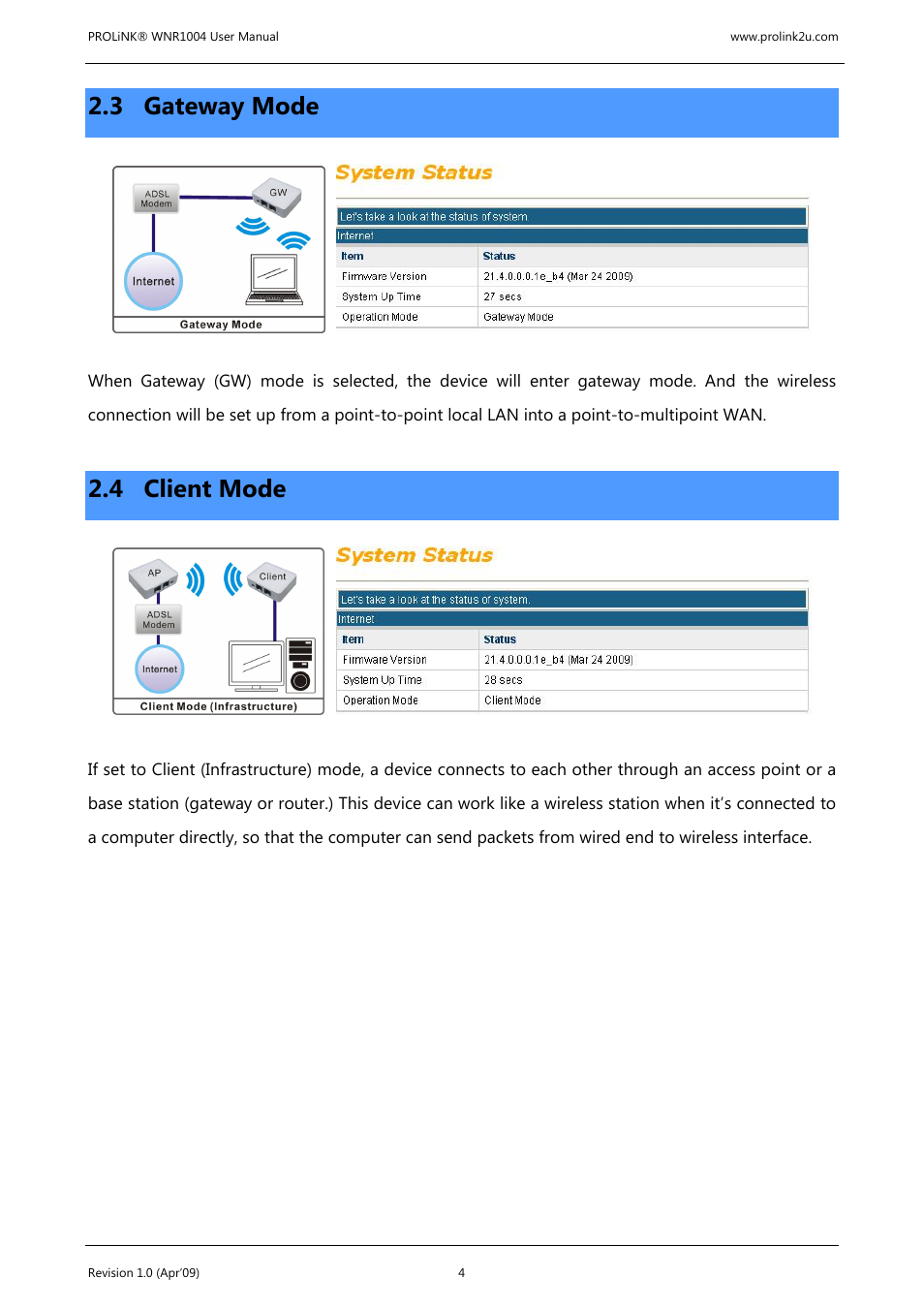 3 gateway mode, 4 client mode | PROLiNK WNR1004 Wireless-N User manual User Manual | Page 7 / 66