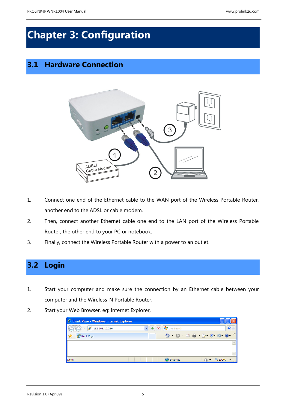 Chapter 3: configuration, 1 hardware connection, 2 login | PROLiNK WNR1004 Wireless-N User manual User Manual | Page 8 / 66