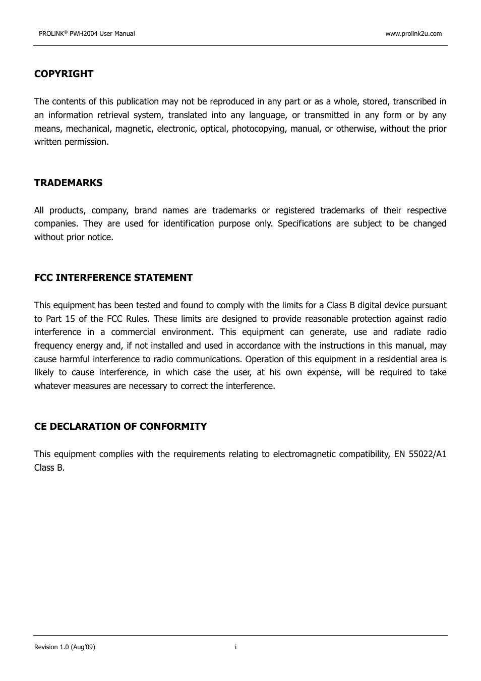 Copyright, Trademarks, Fcc interference statement | Ce declaration of conformity | PROLiNK PWH2004 User Manual User Manual | Page 2 / 57