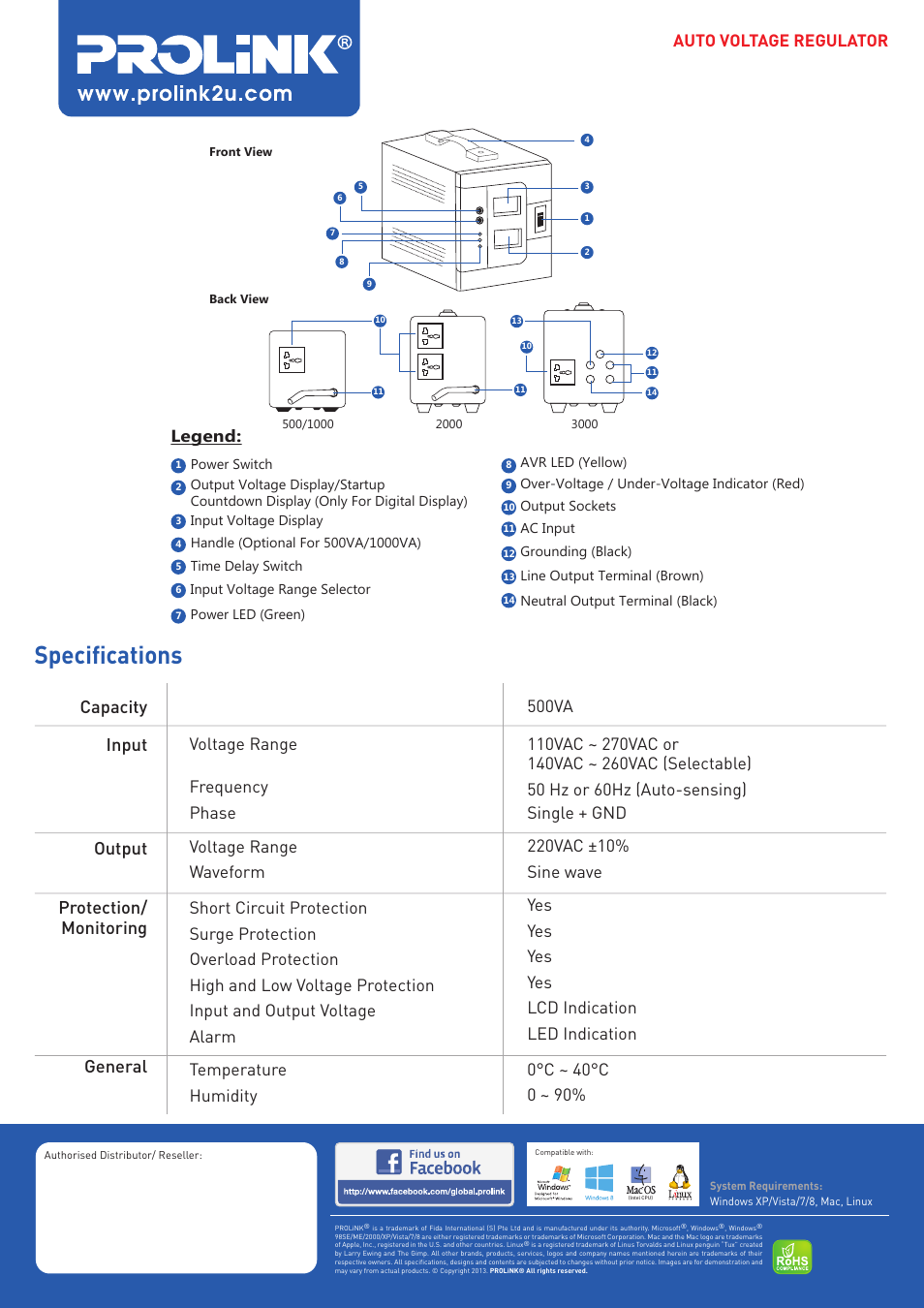 Specifications, Auto voltage regulator, Legend | PROLiNK PVR500 D_M Series User Manual | Page 2 / 2