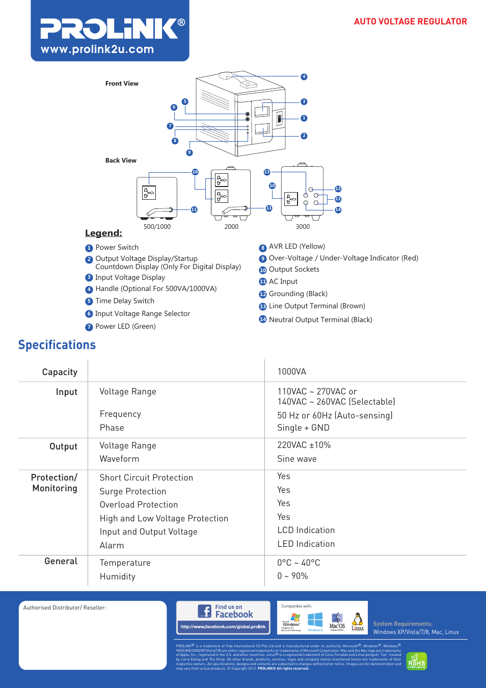 Specifications, Auto voltage regulator | PROLiNK PVR1000 D_M Series User Manual | Page 2 / 2