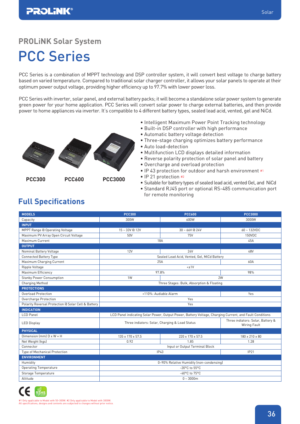 Pcc series, Prolink solar system, Full specifications | Ip 21 protection | PROLiNK PDC Series - DC UPS User Manual | Page 2 / 6