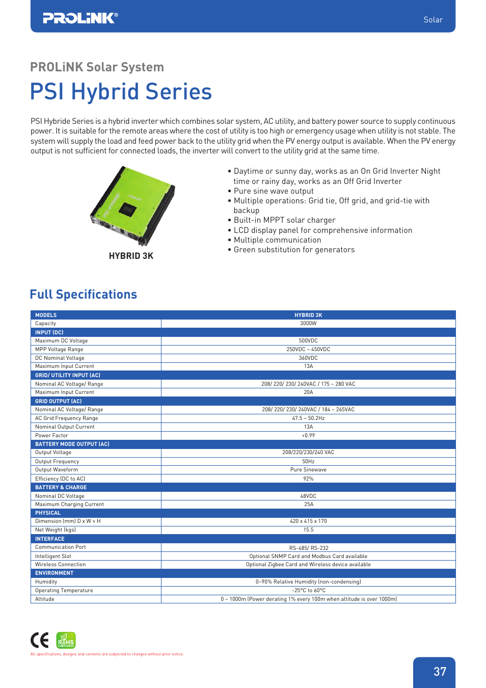 Psi hybrid series, Prolink solar system, Full specifications | Hybrid 3k | PROLiNK PDC Series - DC UPS User Manual | Page 3 / 6