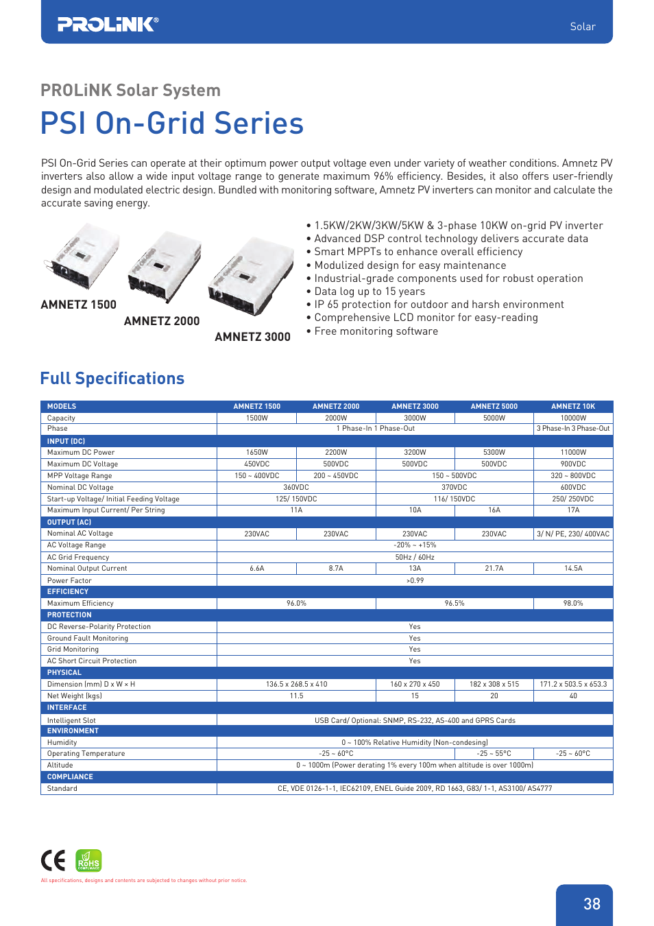Psi on-grid series, Prolink solar system, Full specifications | PROLiNK PDC Series - DC UPS User Manual | Page 4 / 6