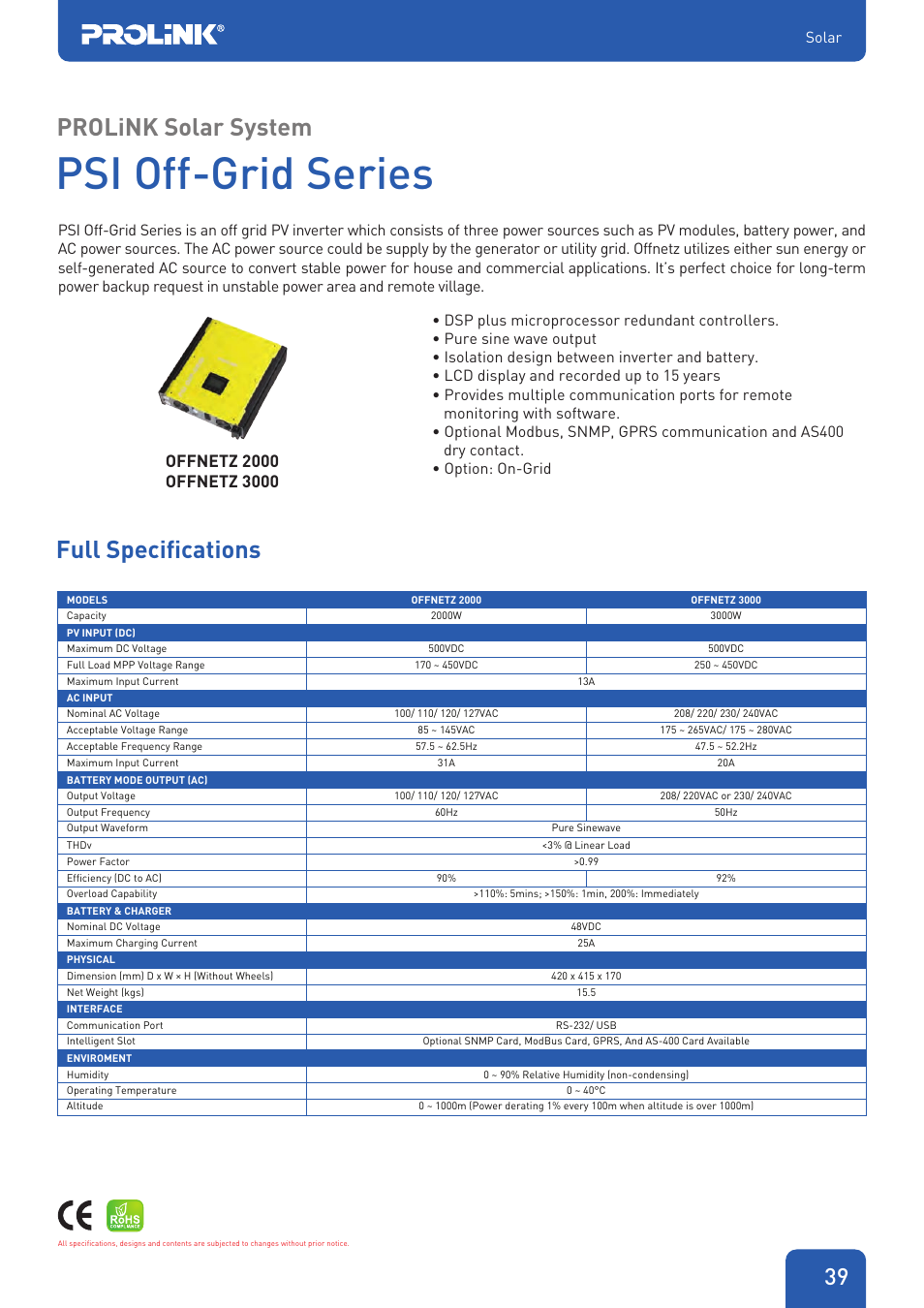 Psi off-grid series, Prolink solar system, Full specifications | PROLiNK PDC Series - DC UPS User Manual | Page 5 / 6