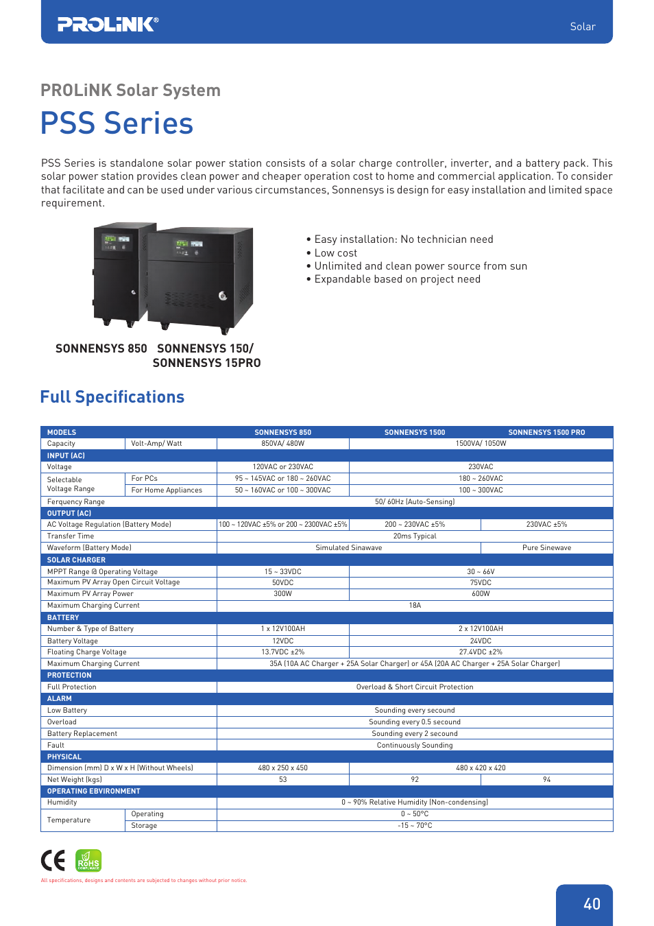 Pss series, Prolink solar system, Full specifications | Solar | PROLiNK PDC Series - DC UPS User Manual | Page 6 / 6