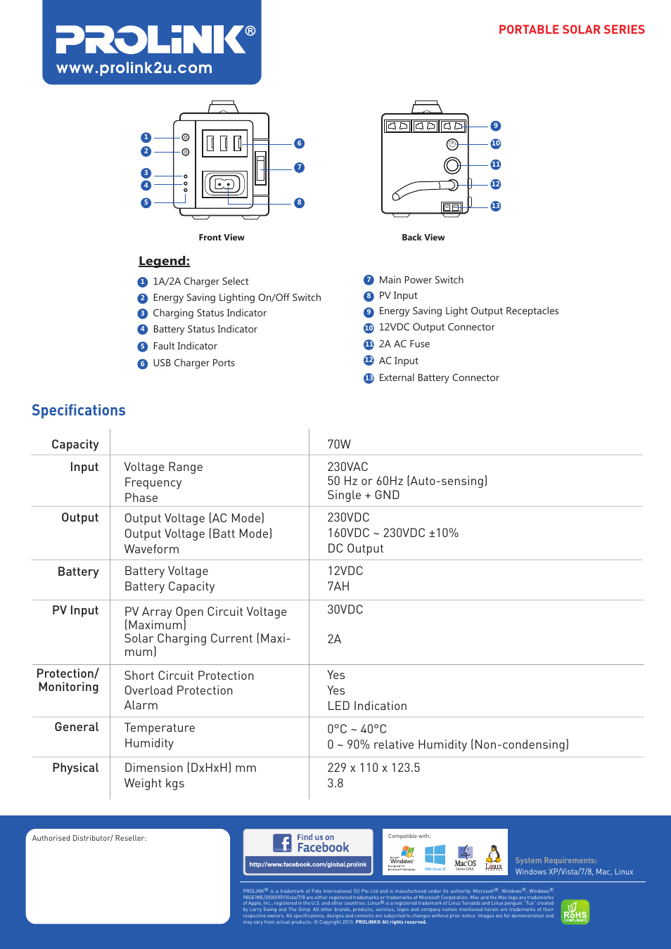 Specifications, Portable solar series | PROLiNK PPS70 User Manual | Page 2 / 2