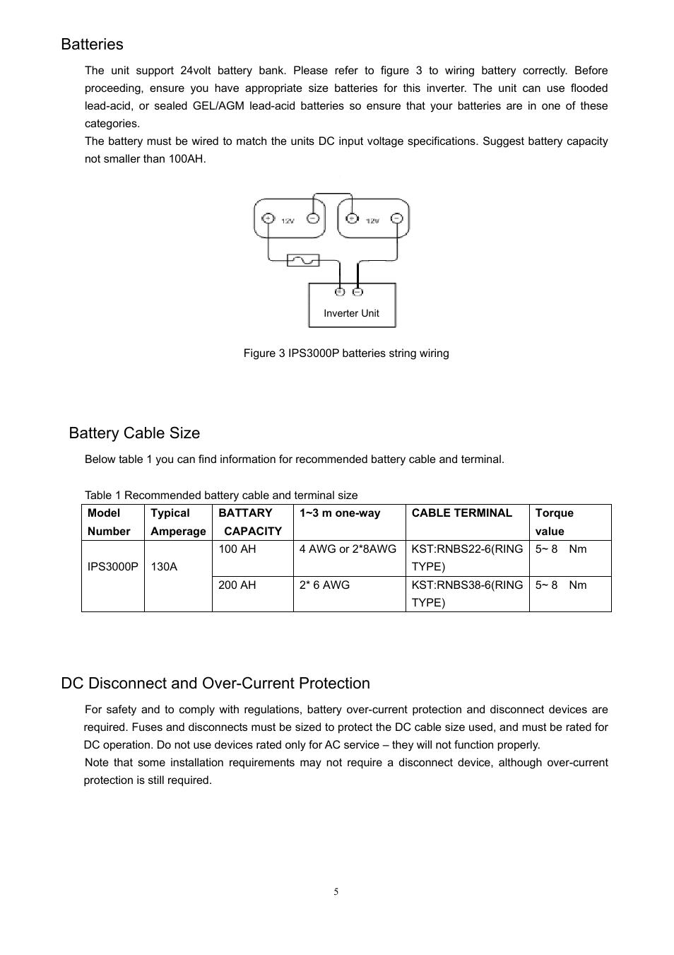 Batteries, Battery cable size, Dc disconnect and over-current protection | PROLiNK IPS3000 User Manual | Page 7 / 20