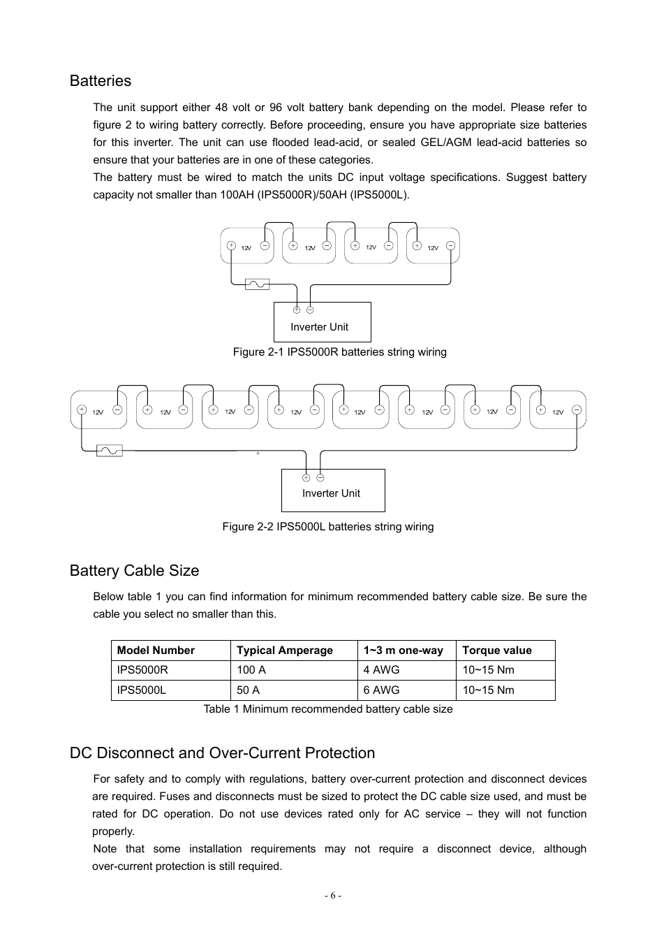 Batteries, Battery cable size, Dc disconnect and over-current protection | PROLiNK IPS5000 User Manual | Page 8 / 20