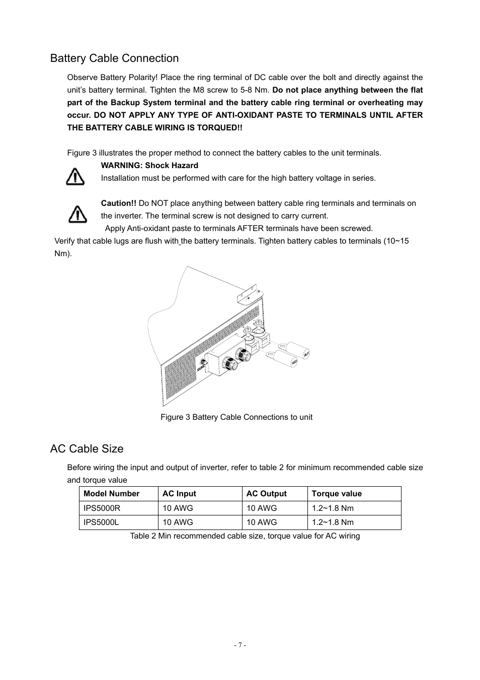 Battery cable connection, Ac cable size | PROLiNK IPS5000 User Manual | Page 9 / 20