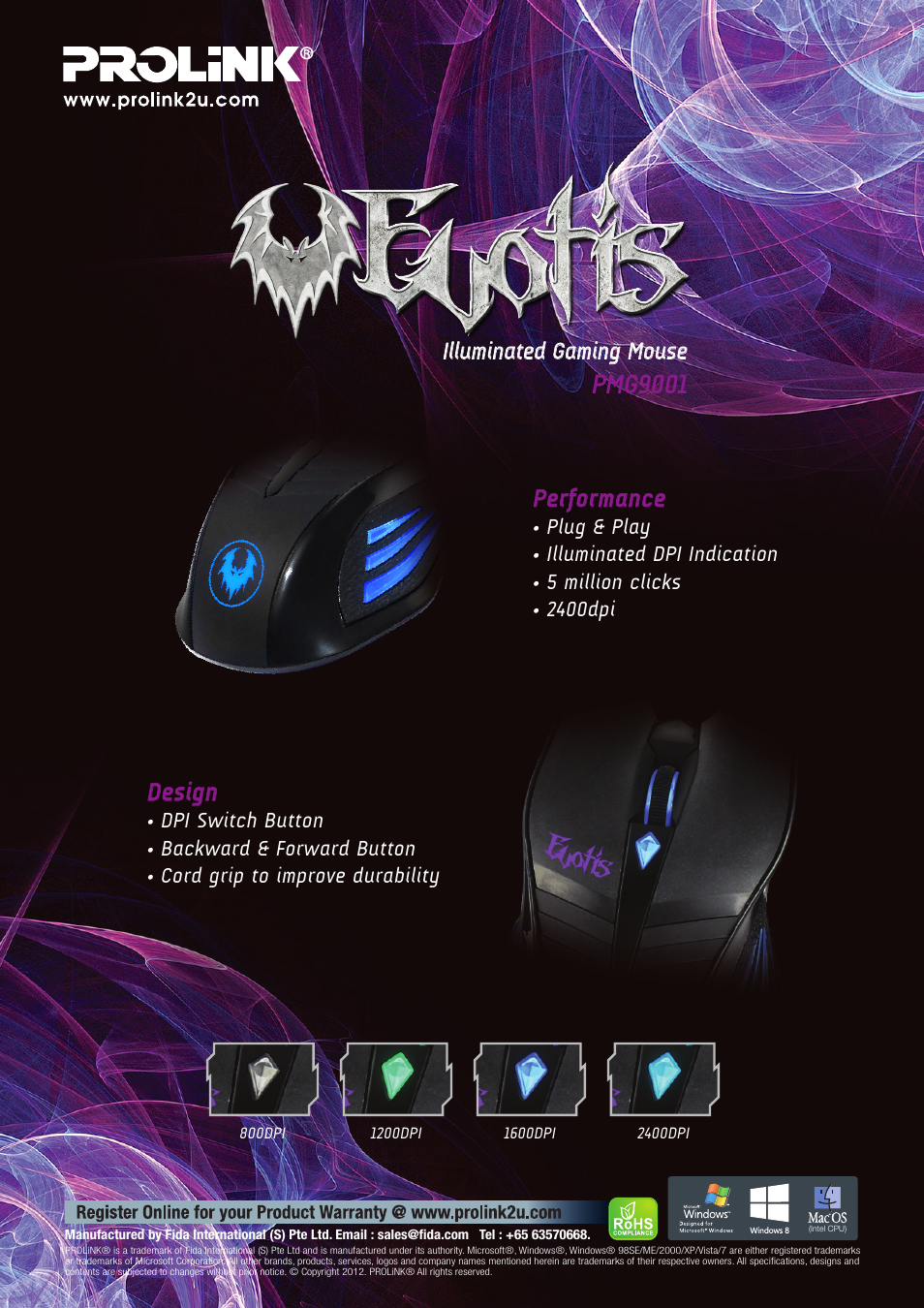 Pmg9001, Performance, Design | Illuminated gaming mouse | PROLiNK EVOTIS User Manual | Page 2 / 2