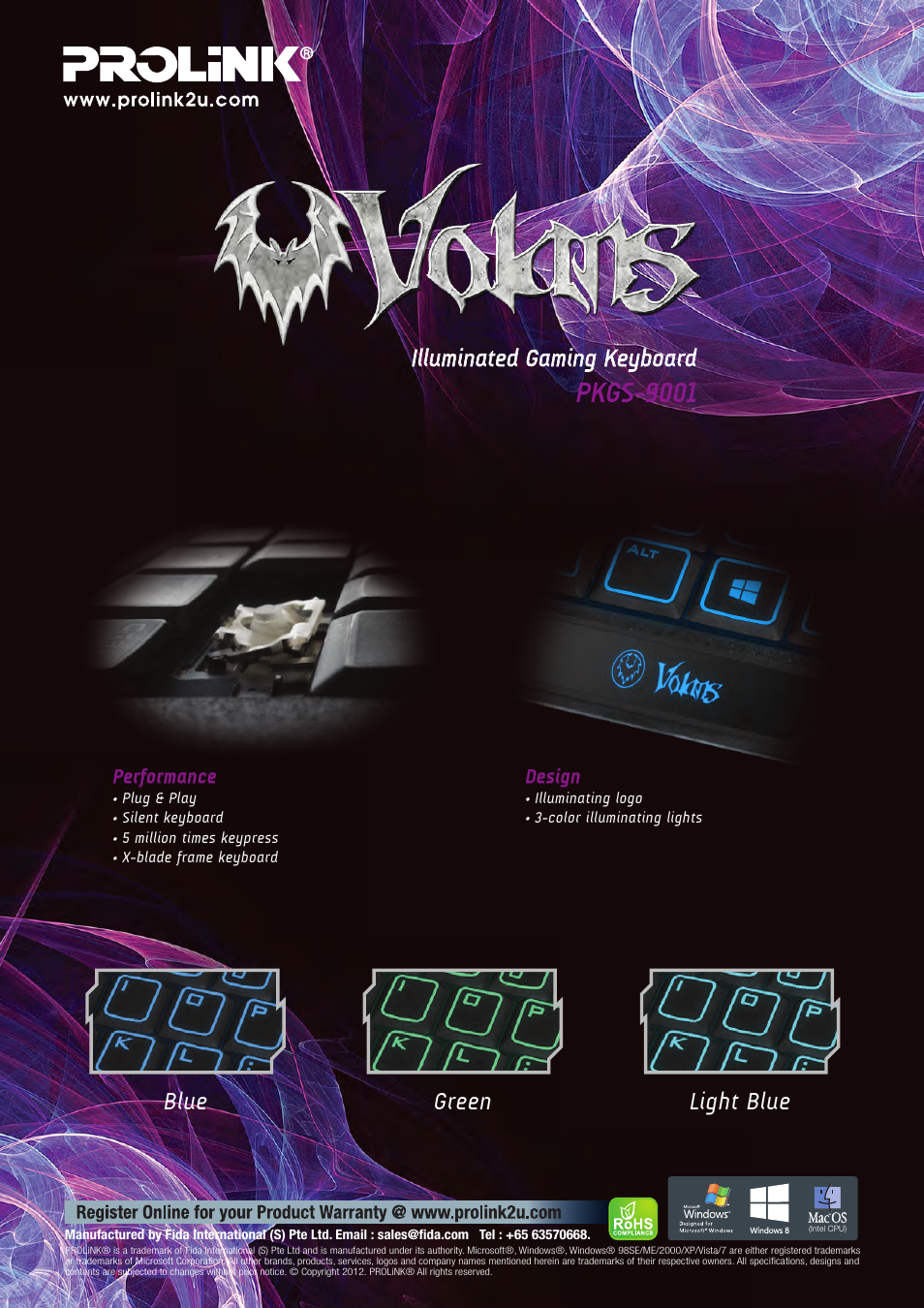 Pkgs-9001, Illuminated gaming keyboard, Blue green light blue | PROLiNK VOLANS User Manual | Page 2 / 2